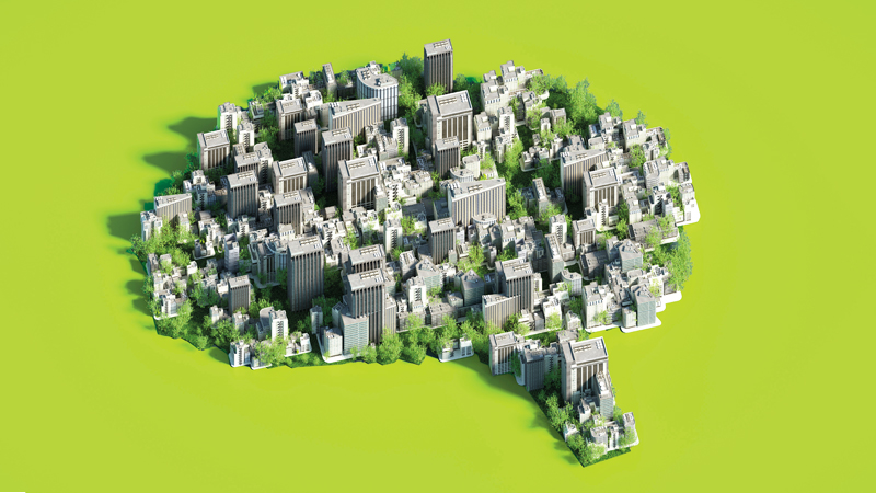 modellino di città a forma di cervello